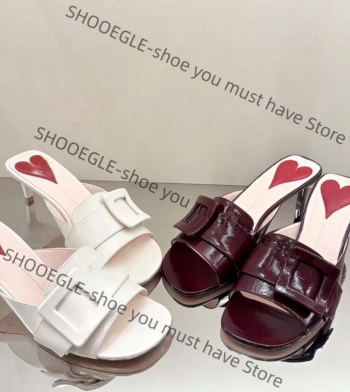

Women's Patent Leather Mules Red Heart Open-Toe Design Low Wedge Heel Wide Strap Buckle Casual Ladies Luxurious Casual Slippers