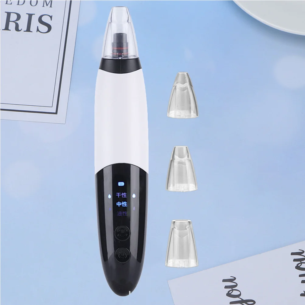 Elektryczny oczyszczacz porów z 3 regulowanymi poziomami intensywności i 3 końcówkami ssącymi do głębokiego oczyszczania twarzy, usuwania zaskórników i pielęgnacji skóry.