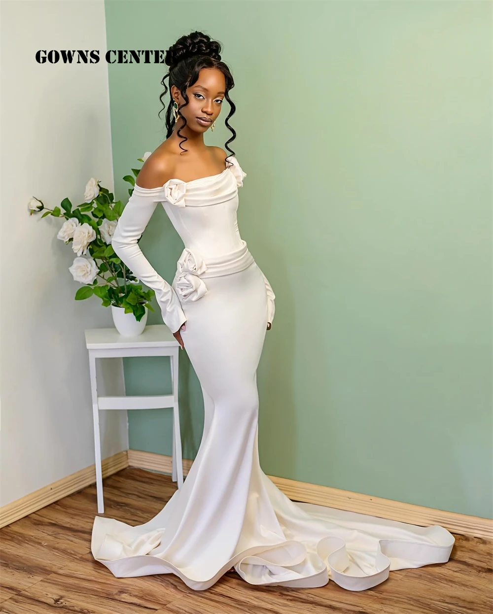 Grazioso abito da sposa a sirena Aso Ebi per spose 2025 maniche a tre quarti con spalle scoperte increspato fidanzamento africano personalizzato