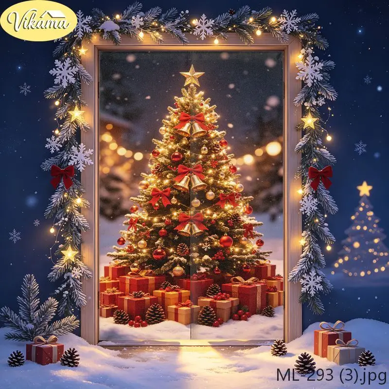 VIKAMA Fairy Tale Winter Christmas Door Curtain, Nighttime Snow Scene Half-Door Curtain, Fabric Privacy Screen, Wall Decor