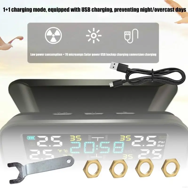 

D5BE Multi Vehicle Tire Pressure Alerts System Solar USB Charging Waterproof Solar Powered Pressure Meter for Camping Trailers