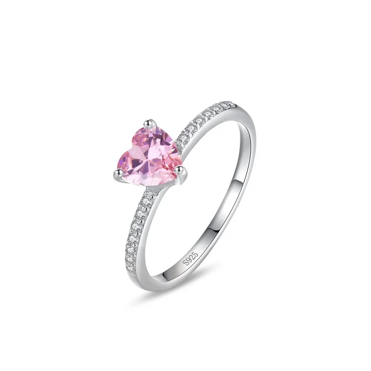 

Fashion Jewelry Female 925 Sterling Silver Pink Heart Zircon Love Diamond Ring