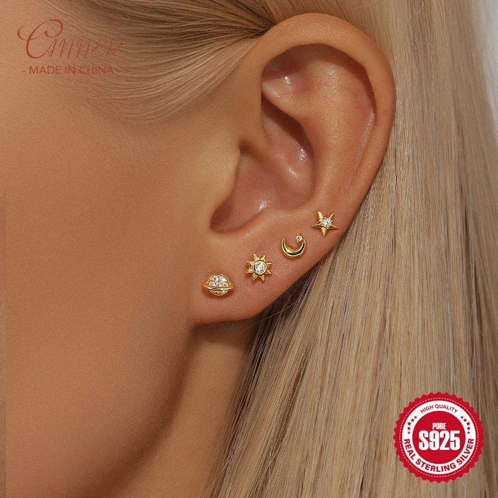 CANNER 3/4 개/대 여성을위한 새로운 925 스털링 실버 클리어 지르콘 간단한 스타 문 플라워 스터드 귀걸이 쥬얼리 선물 Pendientes