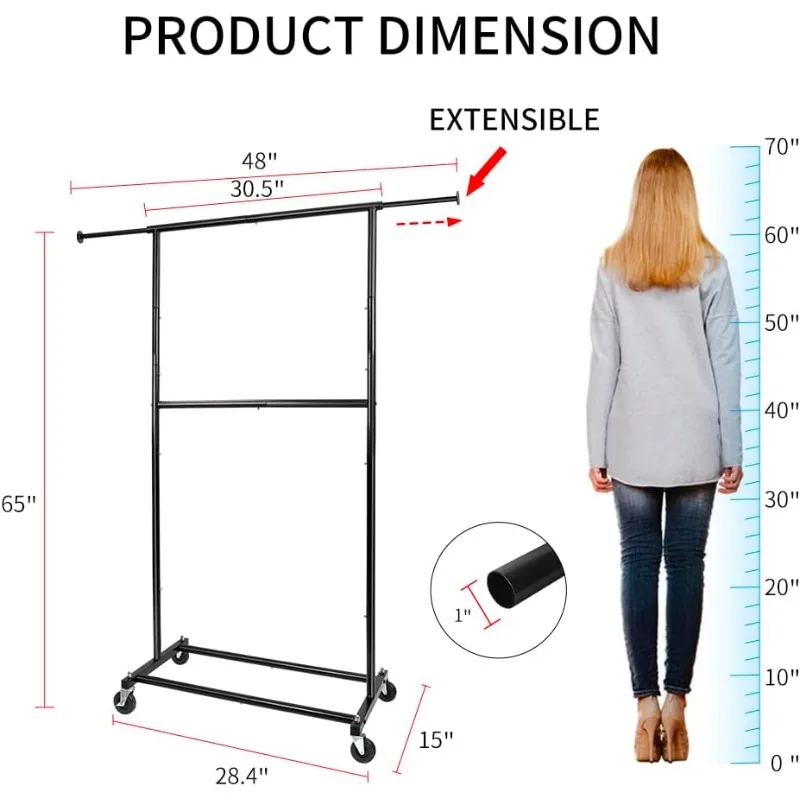 Black Simple Standard Rod Rolling Clothing Garment Rack, Metal Clothes Organizer with Lockable Wheels