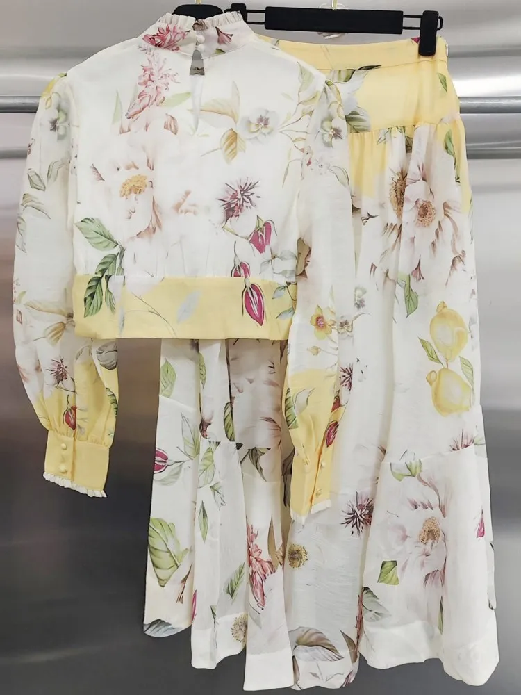 Elegant Ladies Long Sleeves Zipper Stand Collar Shirt Long Skirt Two Piece Set Sweet Printed Color Flowers Matching Sets
