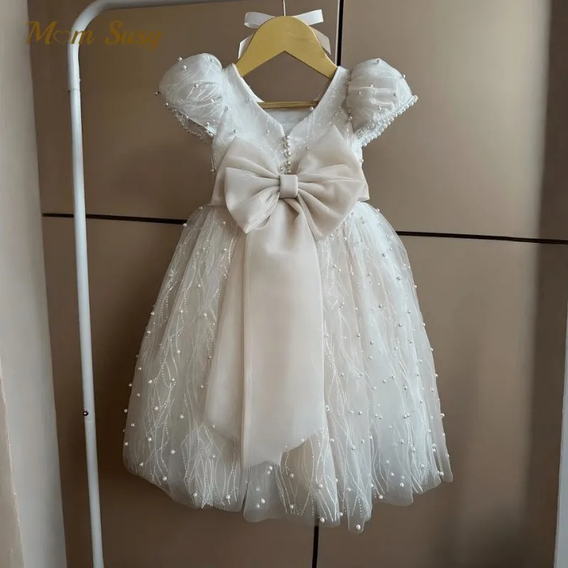 

Baby Girl Princess Pearl Dress Bow Sleeveless Infant Toddler Girl Vintage Vestido Party Pageant Birthday Baby Clothes 1-12Y