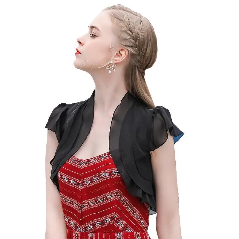 Chiffon Bolero Wedding Jacket Short Sleeve Shrugs For Women Wedding Wrap Bridal Cover Up Evening Party Dress Cape Marriage Coat