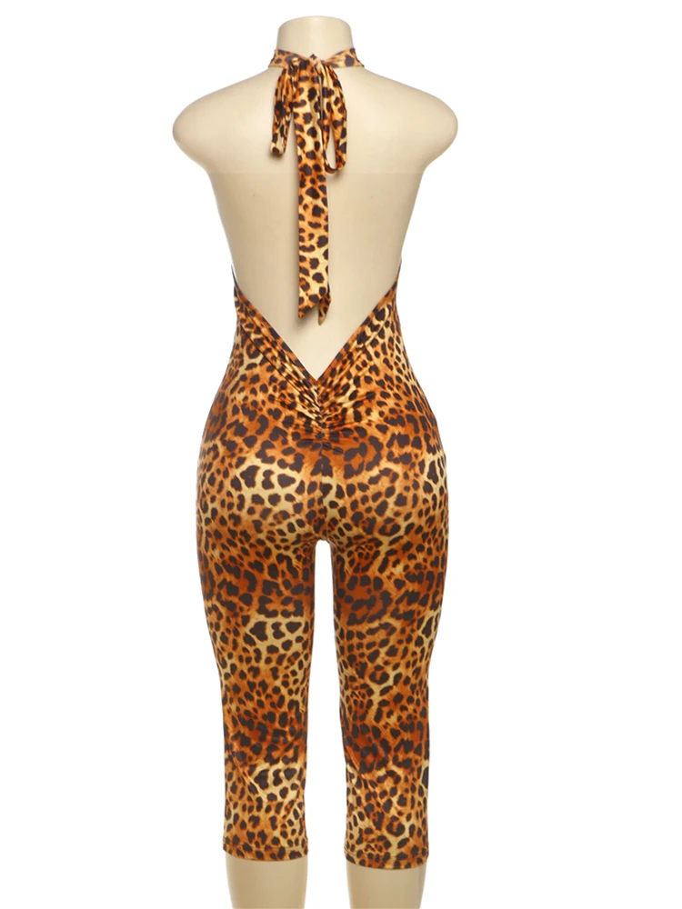 Cutenew deslumbrante leopardo impressão feminina playsuits verão hipster halter sem costas magro macacão feminino novo elástico festa uma peça