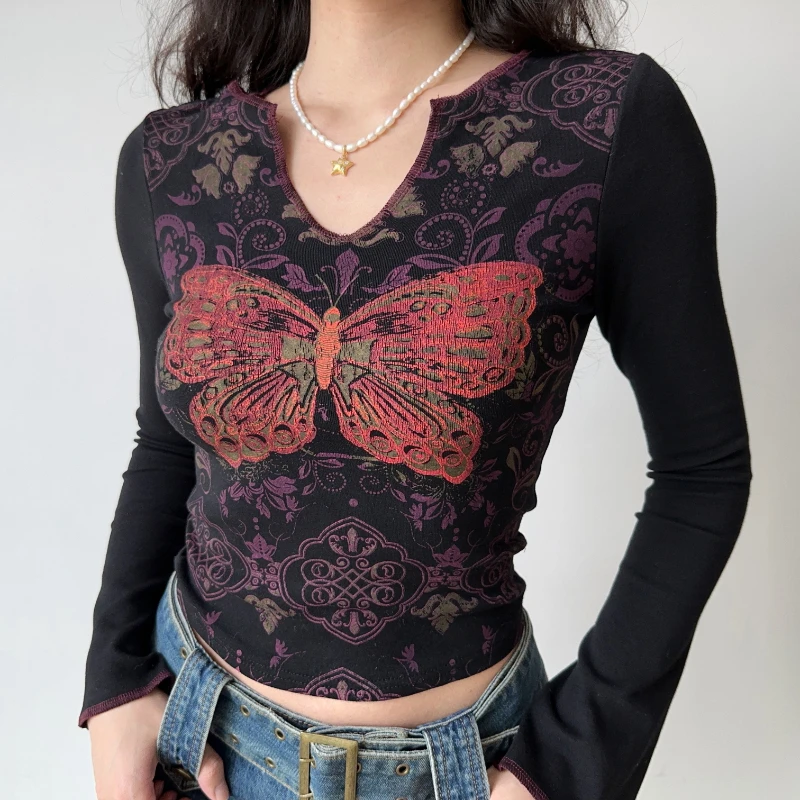 

Long Sleeve T-shirt Women's Cotton Black Retro American Style Butterfly Print Slim V-neck Short Top Fashion Spring and Summer1Pc