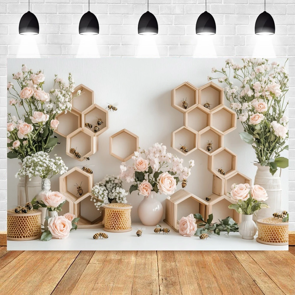 かわいい蜂のハニカム写真背景幕花子供赤ちゃん誕生日ビニールポリエステル子供パーティーポートレート装飾写真撮影の背景