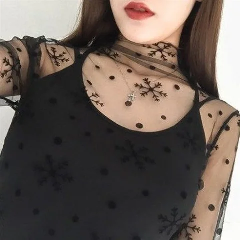 

2026 New Lace Base Shirt Women Long Sleeve Autumn Winter High Collar Mesh Base Shirt Hollow out Super Fairy Inner Wear Top