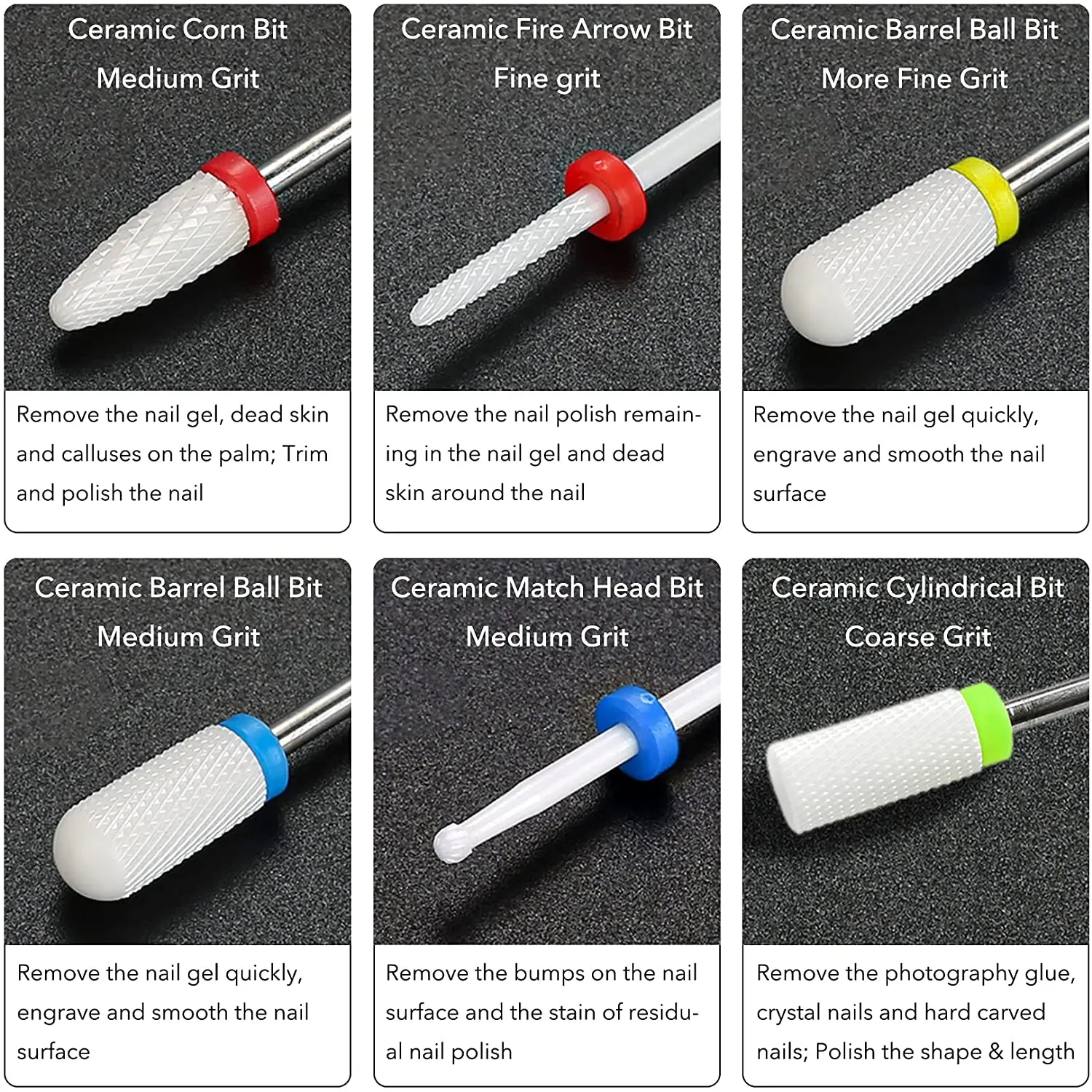 매니큐어 제거 용 세라믹 밀링 커터, 젤 바니시 카바이드 다이아몬드 네일 드릴 비트 키트, 7 개