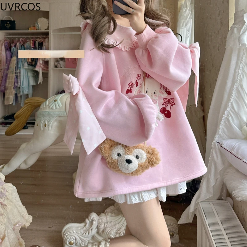 Japanese Kawaii Lolita Hoodies Women Sweet Cartoon Lamb Embroidery Fashion Pullovers Y2k Aesthetic Casual Loose Bow Sweatshirts