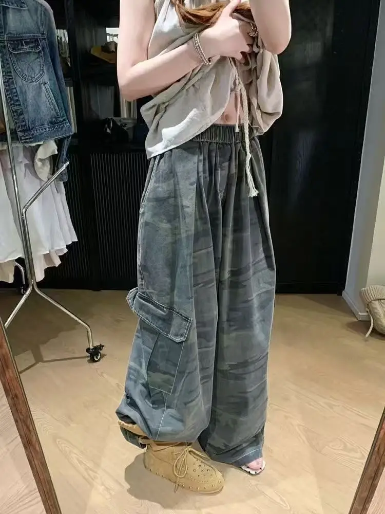 Women's Baggy Camouflage Jean Wide Fit Elastic Waist Denim Pants Y2K Japanese Harajuku 2000s American Retro Long Trousers Men