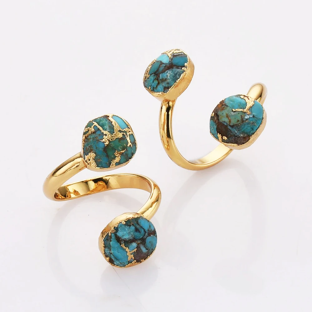 BOROSA Golden Color Druzy Natural Blue Stone Open Ring Fashion Copper Turquoise Adjustable Rings for Women Wedding Jewelry Gifts
