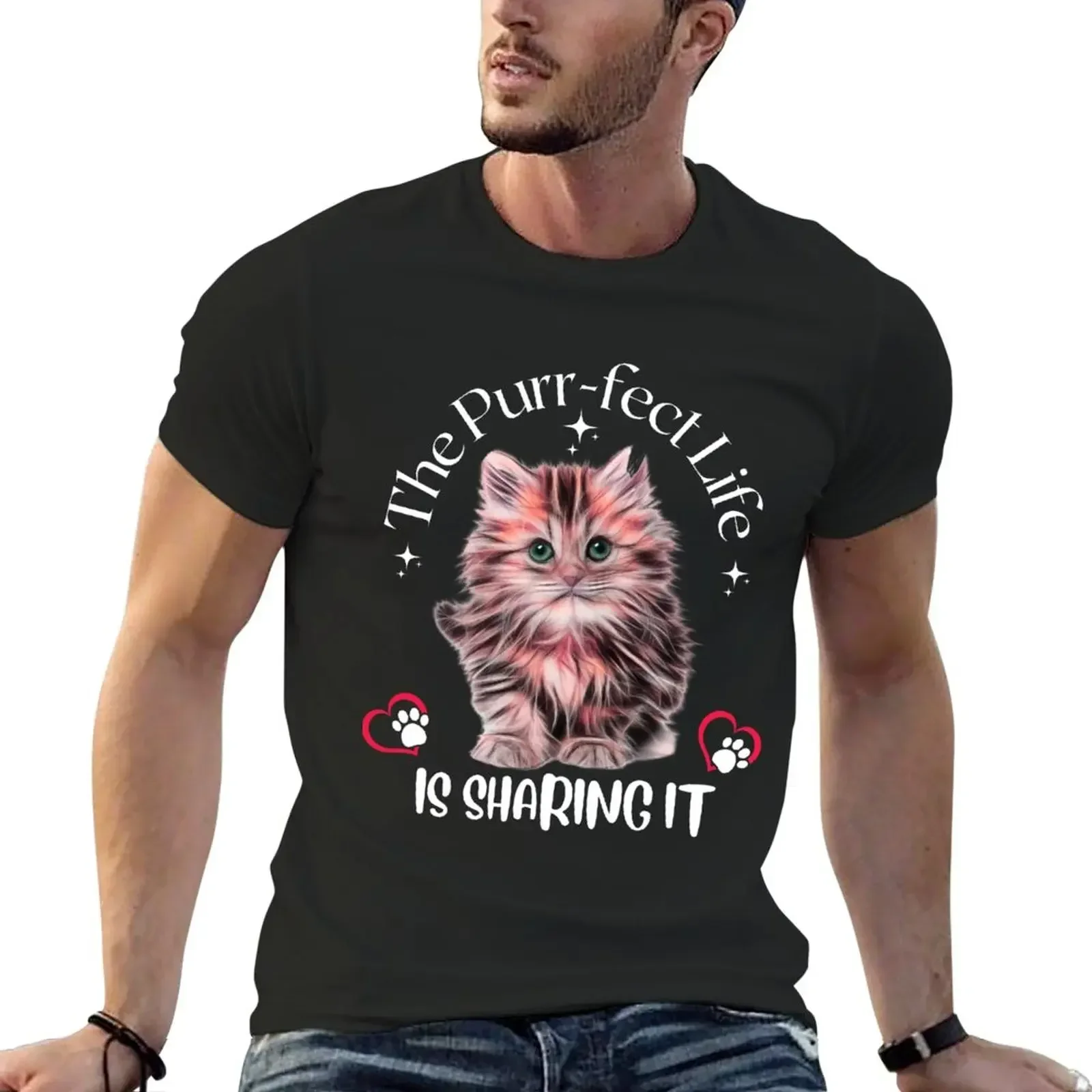 The Purr-fect life, is sharing it T-Shirt shirts graphic tees customs design your own hippie clothes mens white t shirts