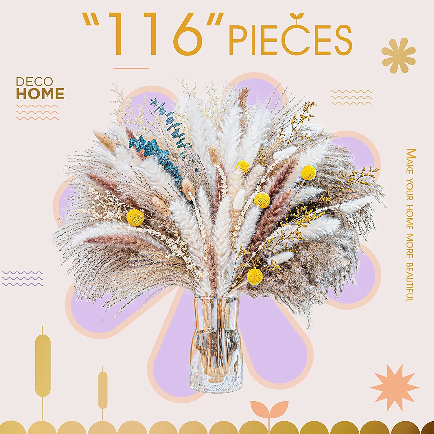 116 Pieces Natural Dried Pampas Bouquet Bohemian Farmhouse Table Party Home Decor Father's Day Wedding Birthday Arrangement