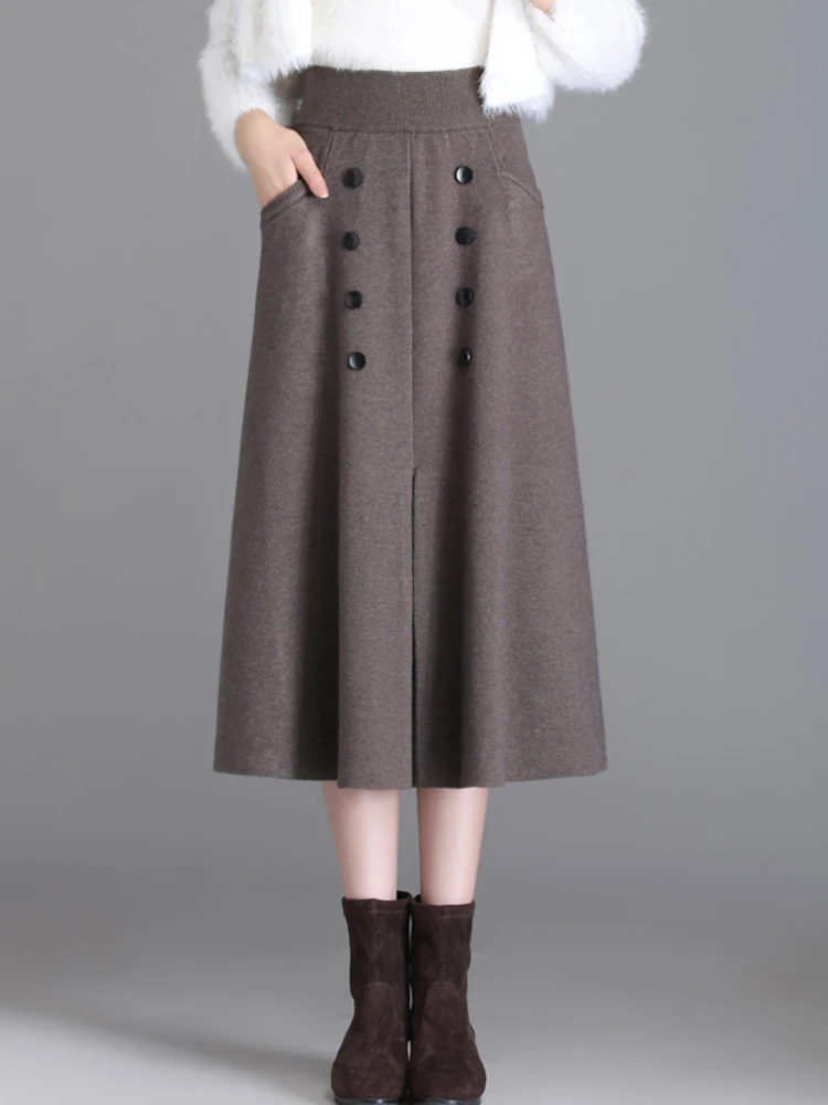 Autumn And Winter100% Pure Wool Skirt Women\'s Long Pocket Small A Skirt High Waist Slim Cashmere Knit A-Line Skirt