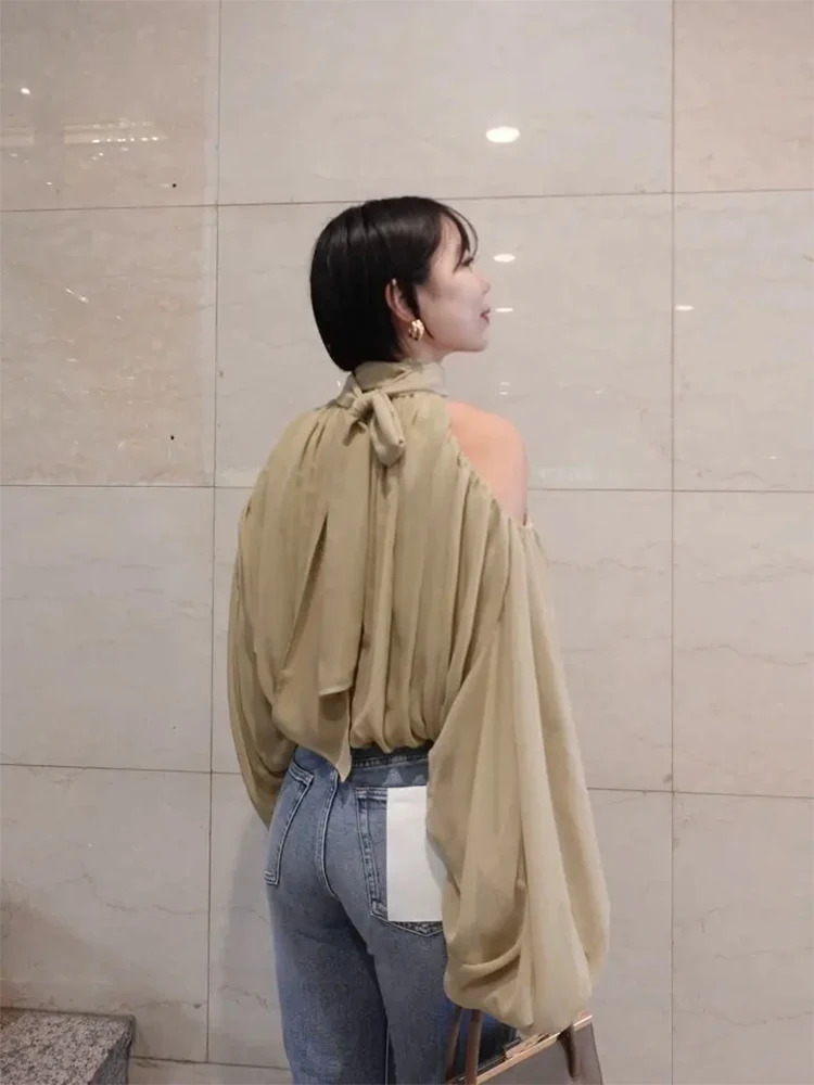 Japanese Style High Neck Off-Shoulder Chiffon Short Long Sleeve Top Sweet Loose Women's Solid Color Versatile Shirt with Ribbon