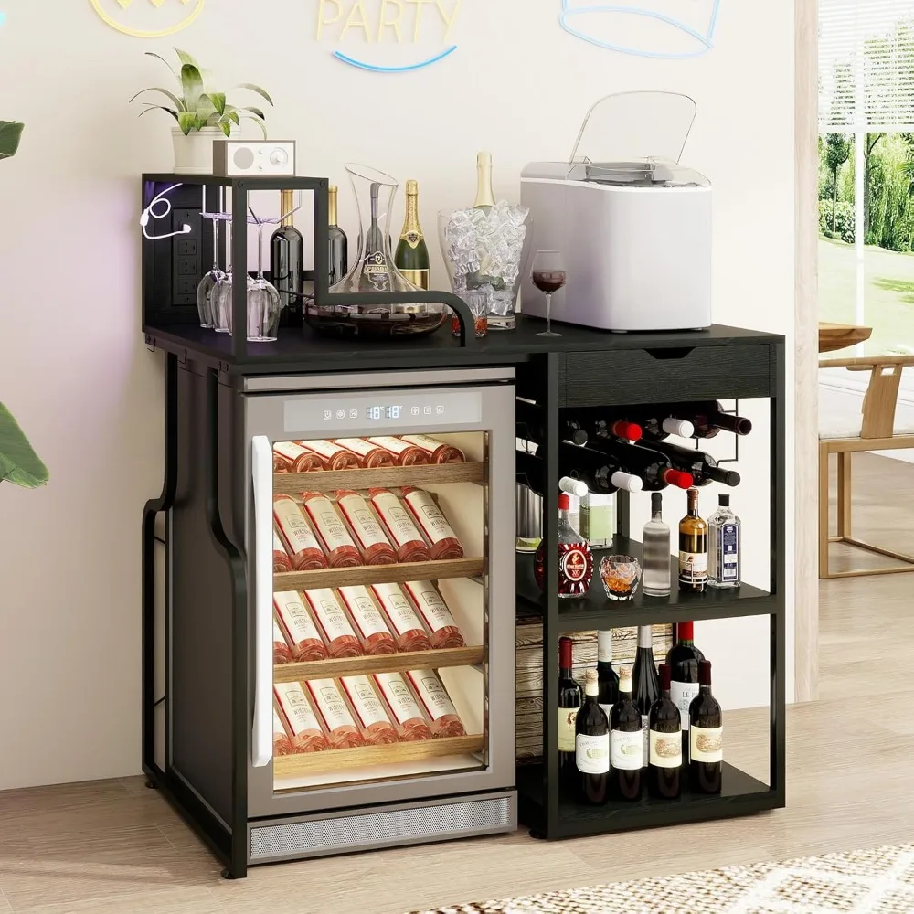 Elegante mueble para bar de vinos con nevera para bodega, iluminación LED, soportes para vasos y cajones de almacenamiento para café y licor