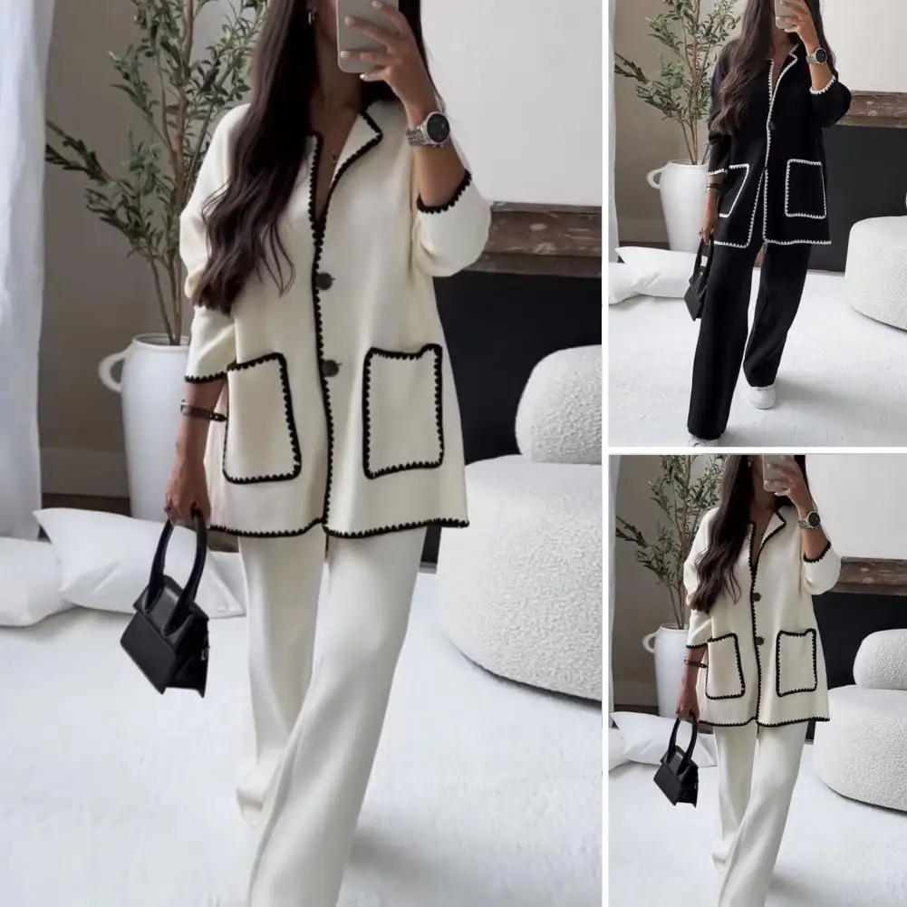 

Autumn Women Two Piece Sets Regular Round Neck Loose Coats Cardigan Solid Straight Wide Leg Long Pants Set High Waist 2023