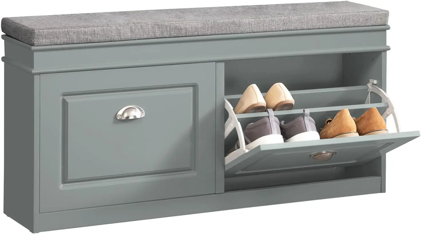 Haotian Grey Storage Shoe Bench With 2 Flip Drawers & Padded Seat Cushion, Enterway Bench Shoe Cabinet Shoe Organizer, Hidden