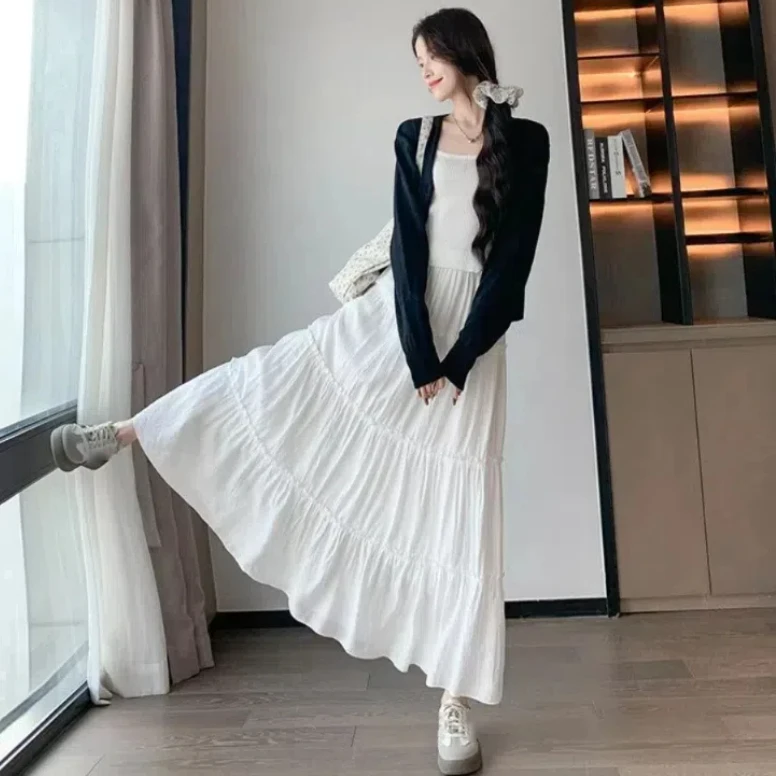 

Solid Color Ruffle Half Dress Skirt Women with Ruffled Edges Korean Style Long Cake Skirt White Black High Waist Half Dress