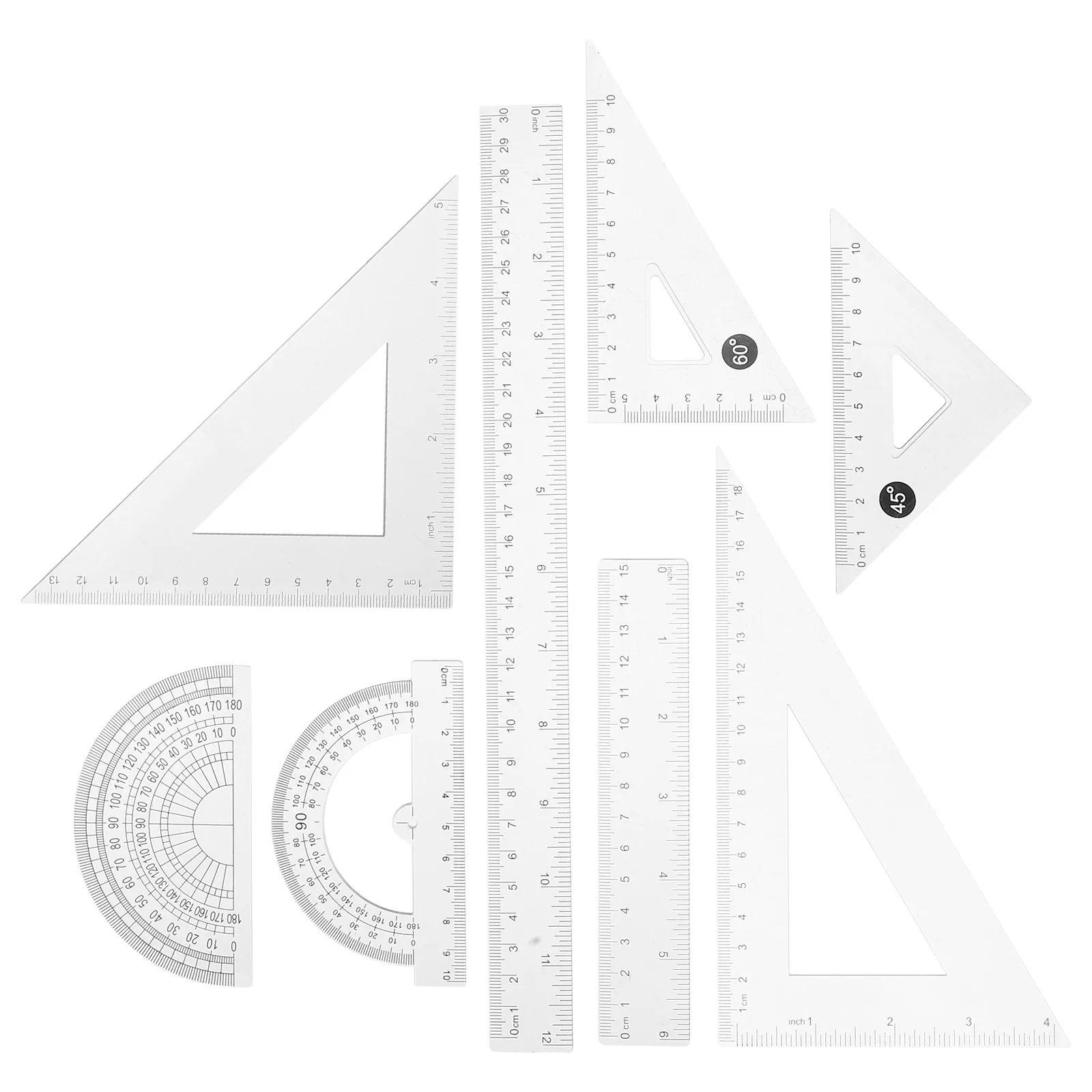 8pcs Triangle Ruler Set Transparent Plastic Geometry Math Ruler Protractor Straight Scale Portable Storage Clear Scales