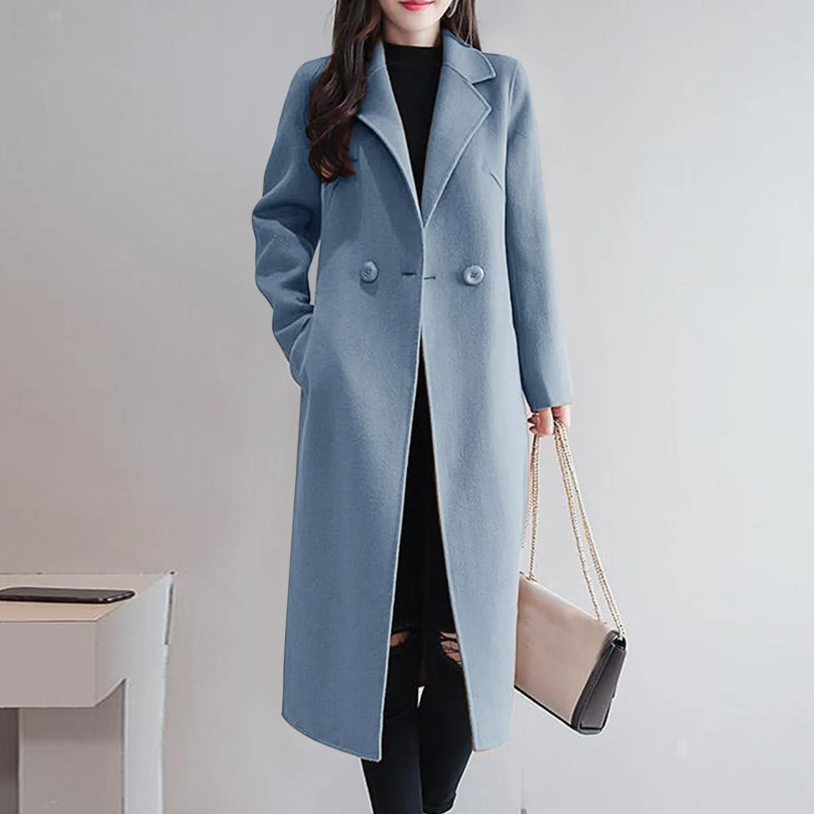 

Women's Long Sleeve V Neck Faux Wool Blends Thin Oversized Coats for Women Wool Long Casual Warm Coat Mid Length Trench Coat