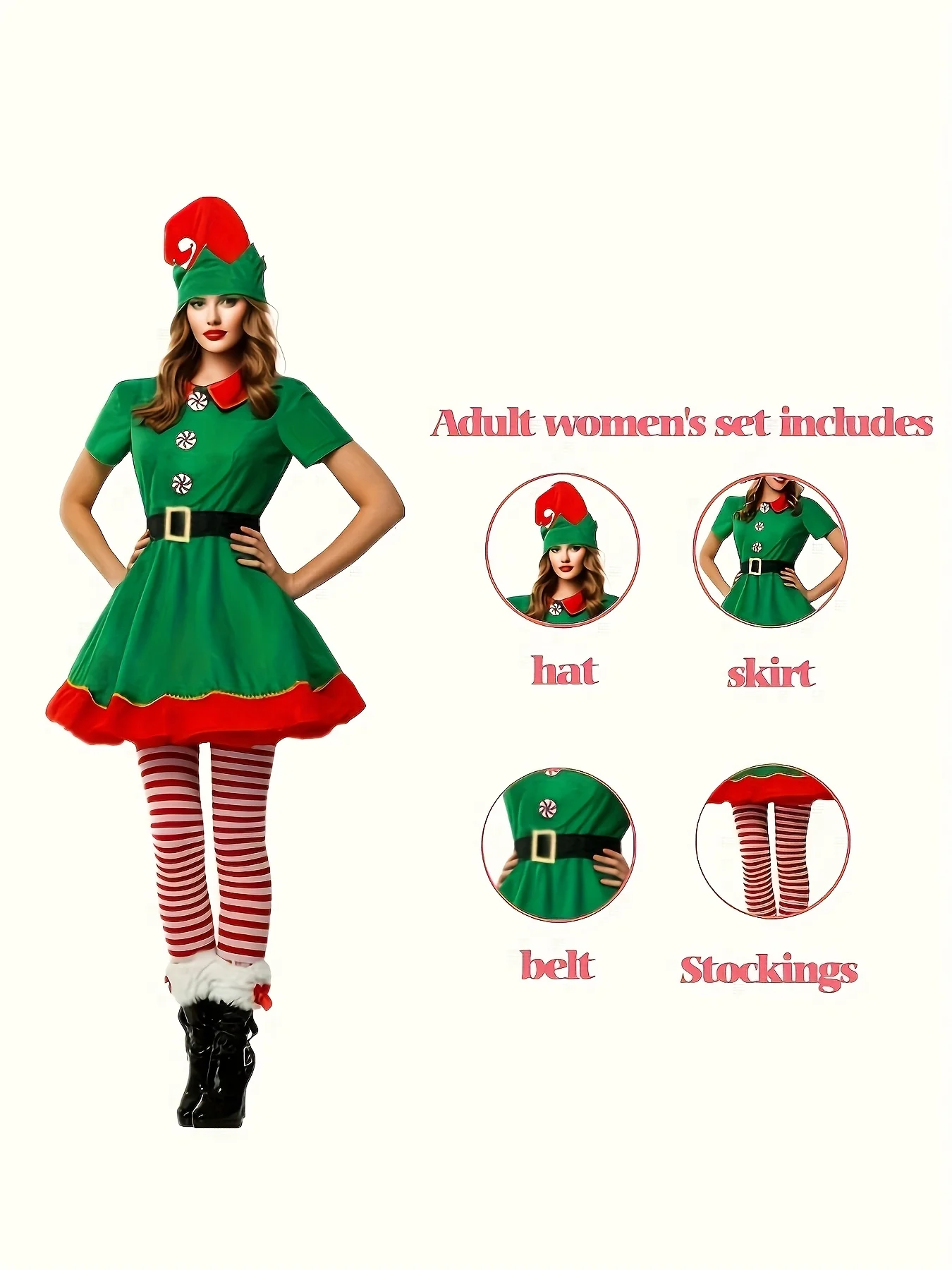 

Женский рождественский костюм эльфа из 4 предметов: зеленое платье эльфа, пояс и чулки, шляпа эльфа с ушками, подходит для праздничных вечеринок.