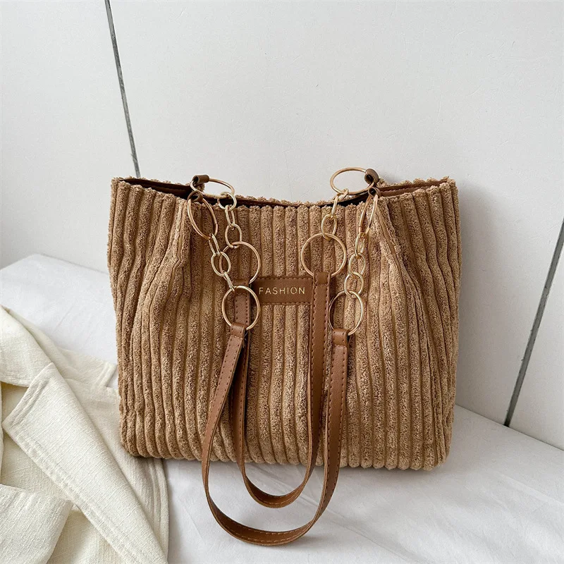 Corduroy Solid Color Commuter Zipper Women's Handbag Retro Large Capacity Shoulder Bag Casual Simple Portable Shopper Tote Bag