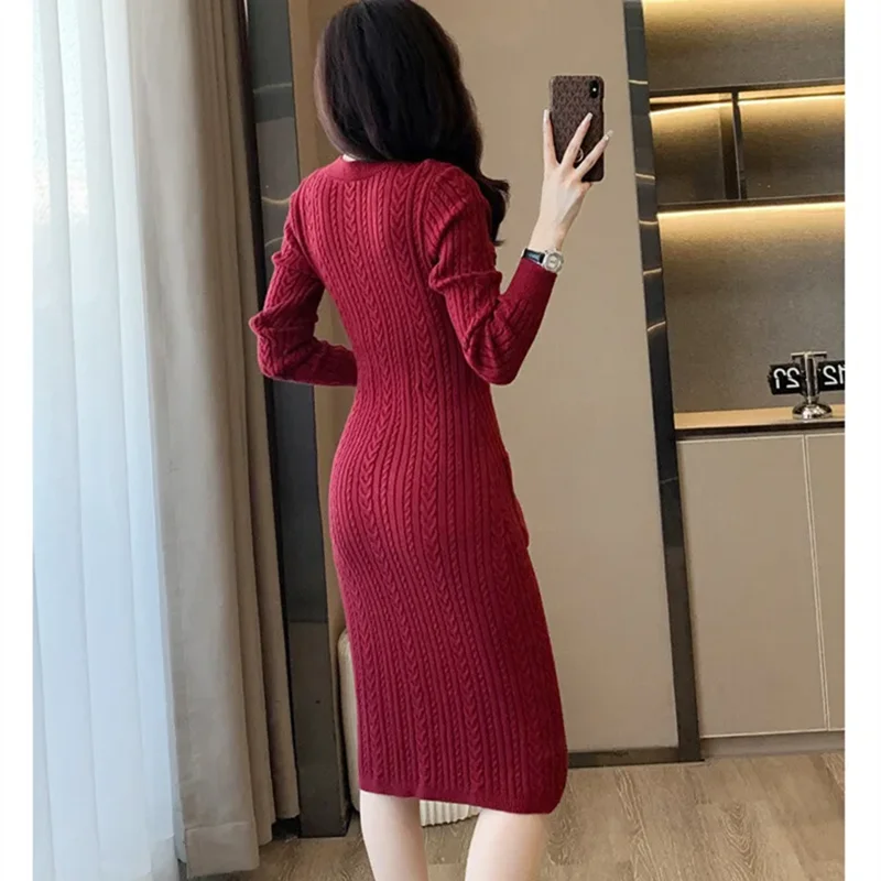 Knitted Dress Women's Autumn New Round Neck High Waist Long Sleeve Slim Sweater Small Red Dress