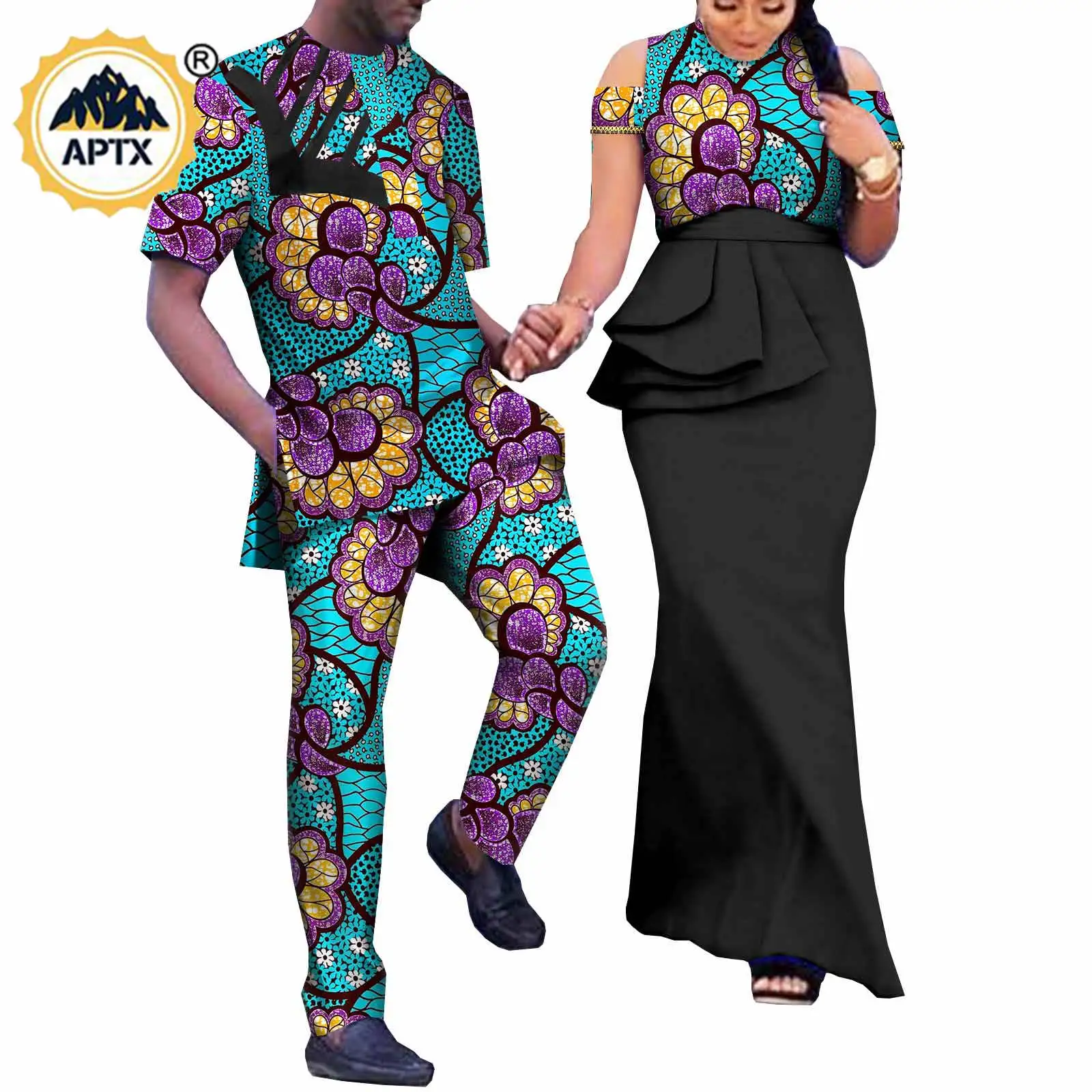 African Print Long Dresses for Women Matching Couple Outfits Dashiki Men Suits Patchwork Top and Pant Sets Summer Outwear Y22C11