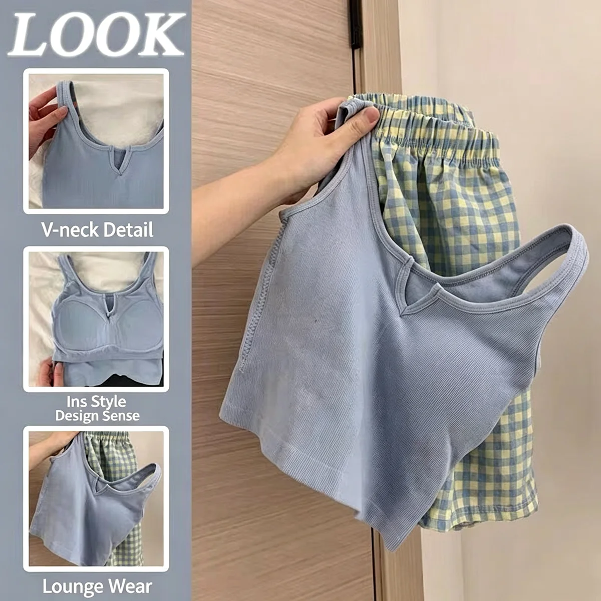 Summer New Women's Strap with Chest Mat Pajama Home Clothes Set Solid Color Loose Strap Shorts Two Piece Set