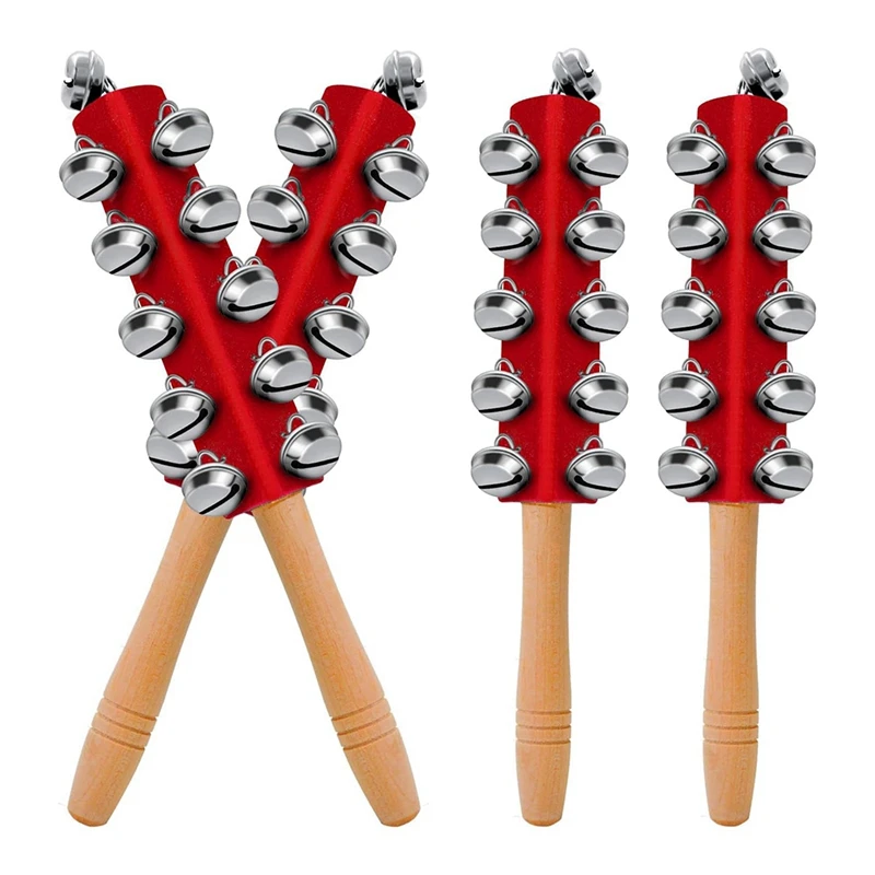 

ABJX New 4 Pcs Christmas Bells Wooden Handle Jingle Bells Instrument Musical Hand Bell Musical Percussion Instrument