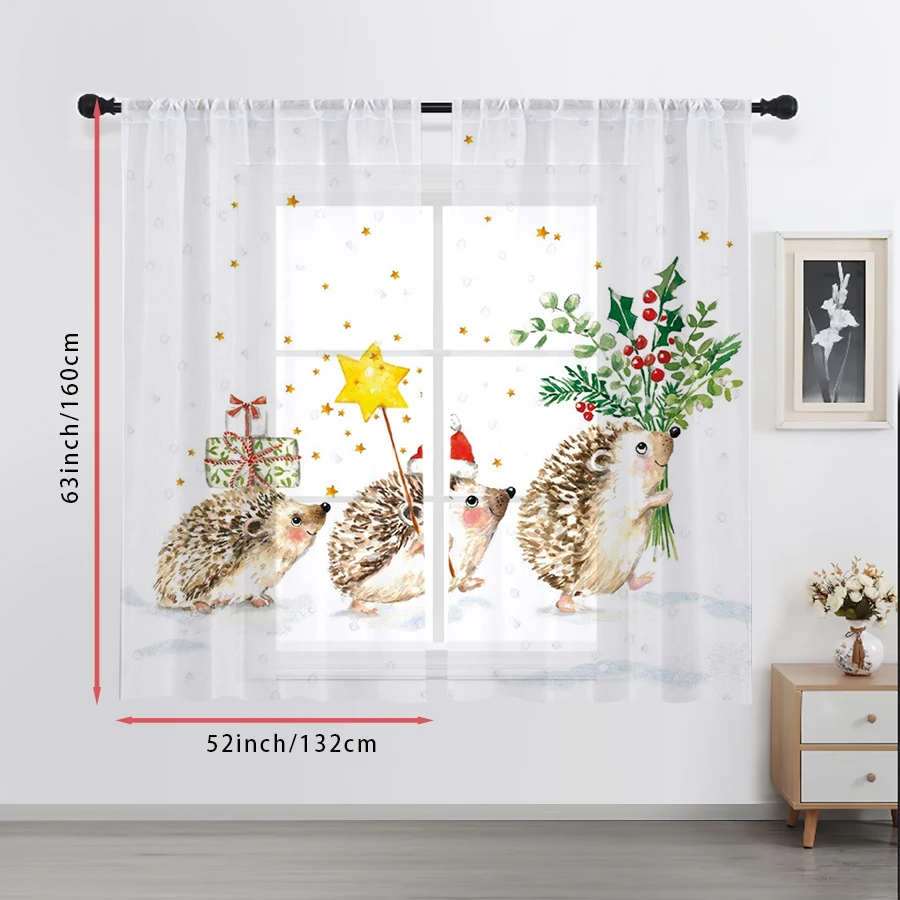 2PCS Christmas Hedgehog Sheer Curtains, Star Gift Cute Animal Print, Rod Pocket Window Drapes for Xmas Kids Room Decor