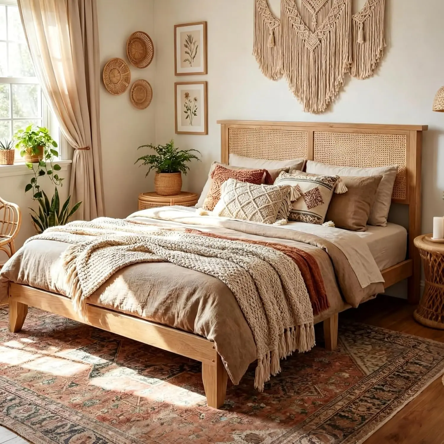 Queen Size Rattan Bed Frame with LED Lights, Boho Platform Bed with Rattan Headboard, Wooden Slats Support, No Box Spring Needed, Noise-Free, Easy Assembly, for Bedroom
