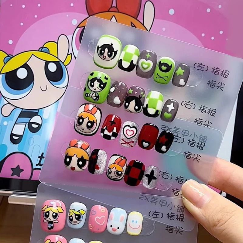 Anime Cartoon Powerpuff Girls Press on Fake Nails Bubbles Buttercup Pain Nail Hand Drawn Manicure Girls Decoration Birthday Gift