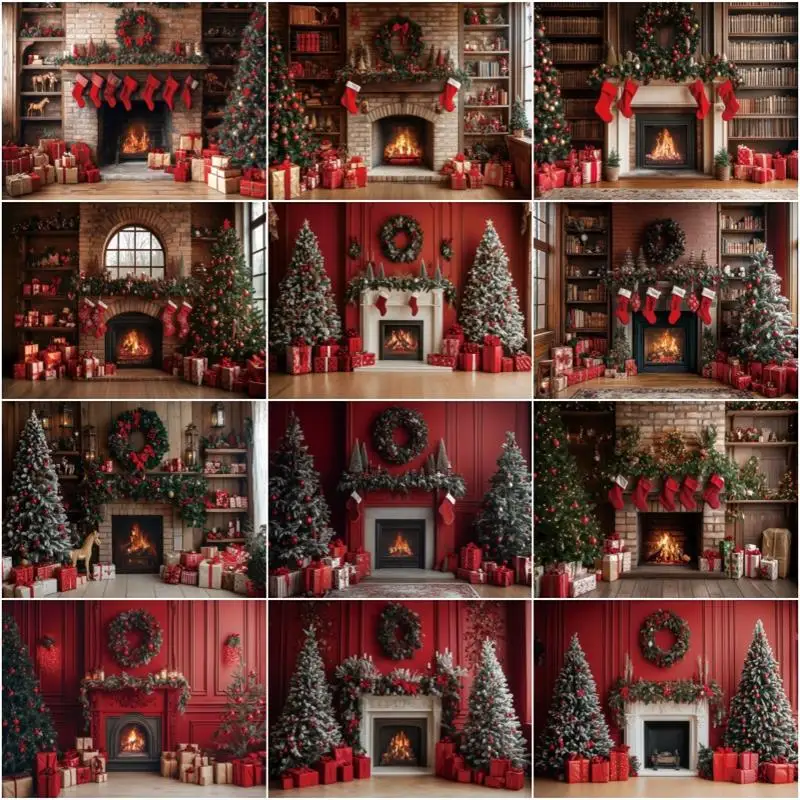 جدار أحمر عيد الميلاد التصوير خلفية الموقد جارلاند شجرة عيد الميلاد ديكور حفلات الأسرة صورة الاطفال صورة صور الخلفيات