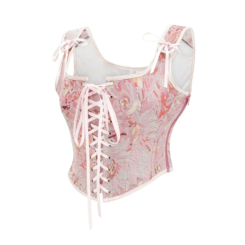 Women Overbust Corsets Crop Top Lace Up Zipper Steampunk Gothic Vintage Bustier with Straps Bodice Camisole Vest view 2