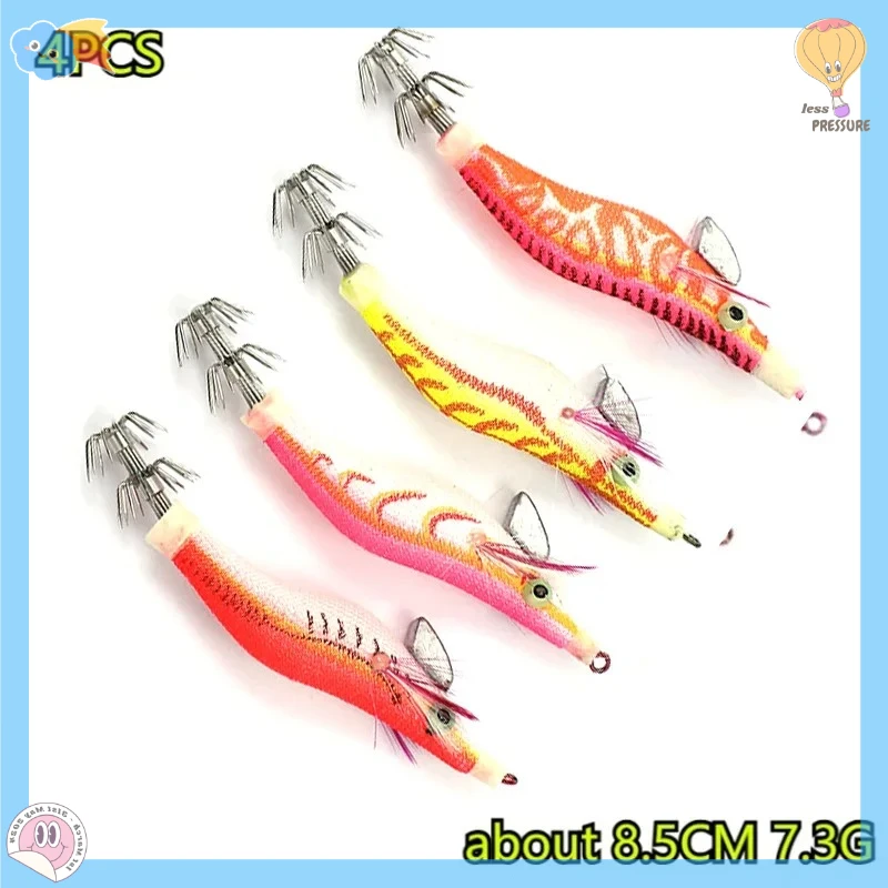 مجموعة مكونة من 4 قطع/صضيب صيد الحبار مع الروبيان الخشبي، طعوم الحبار والخطبوط المتوهجة، طعم صيد الحبار وإكسسوارات صيد الأسماك