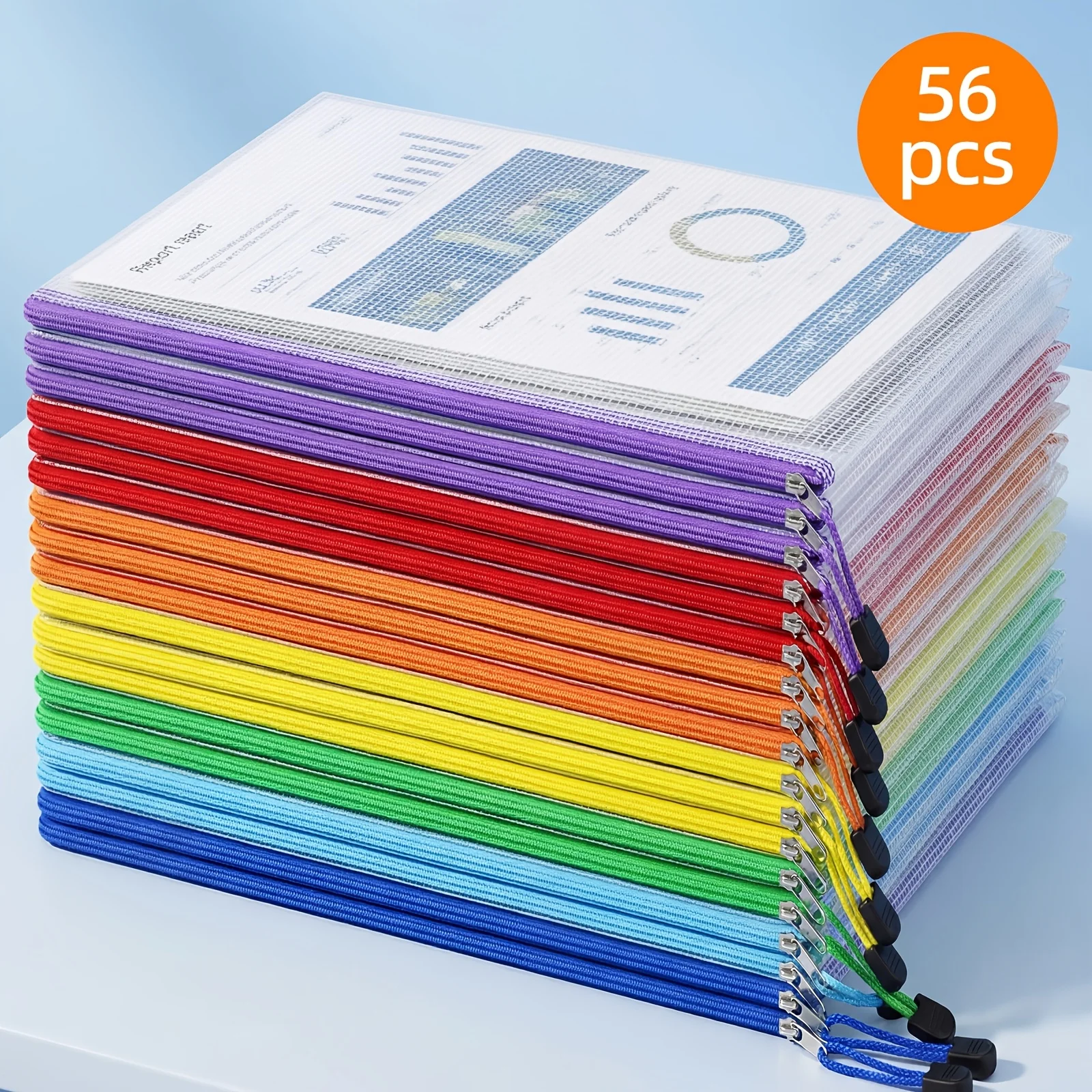 56pcs Set of Multifunctional Transparent Mesh Zipper Bags, Available in Various Colors, A4 Document Storage Bags, Suitable for T