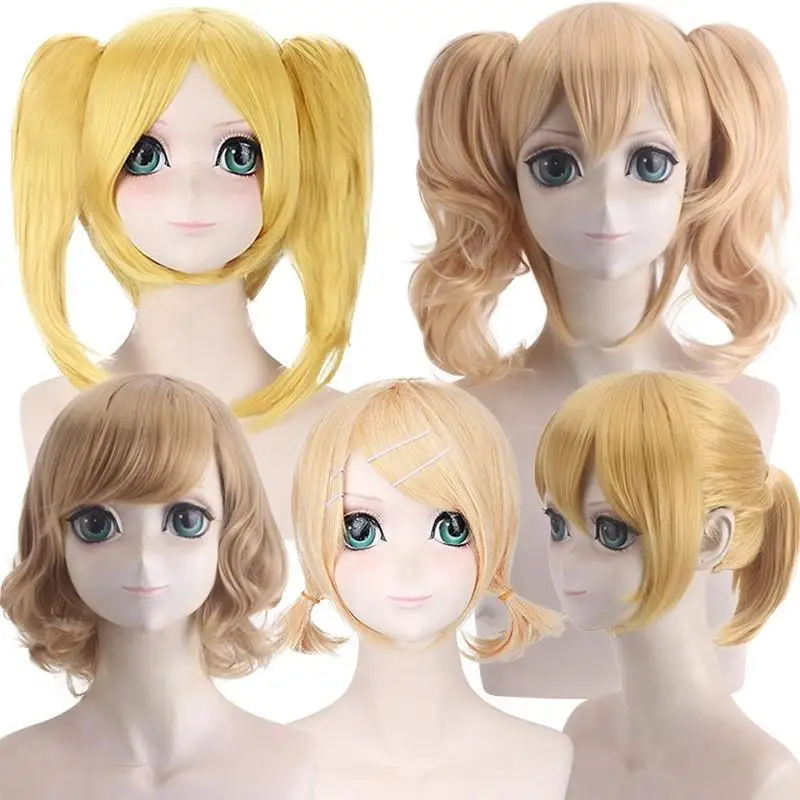 Synthetic Cosplay Wig Mi-ku Inspired Long Straight Gold Twins Sisters Meltdown Rin Style Heat Resistant Fiber Hair