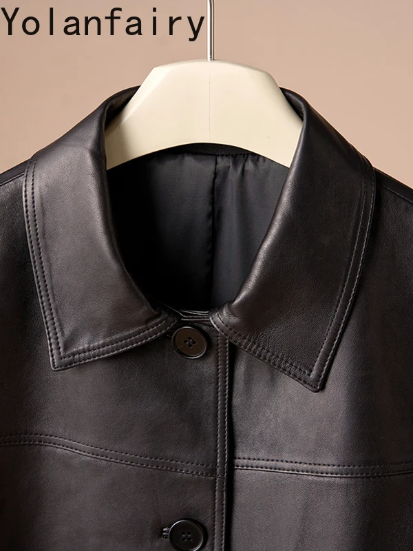 YOLANFAIRY 2025 Primavera Autunno Vera pelle di pecora Giacca di pelle genuina Donna High-end Vintage Cappotto di pelle nera Jaqueta Feminina