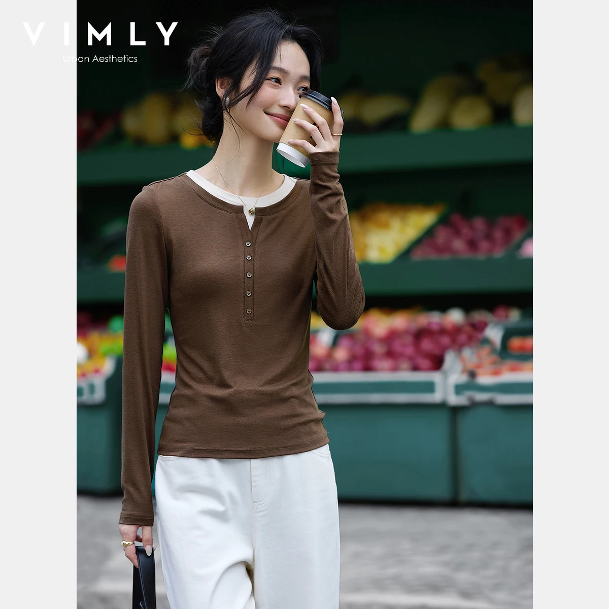 

VIMLY Patchwork 2 in 1 T-shirts 2025 Autumn Casual Spliced Fitted Long Sleeve Knitted Tops Round Neck Strecth Female Tees A2173