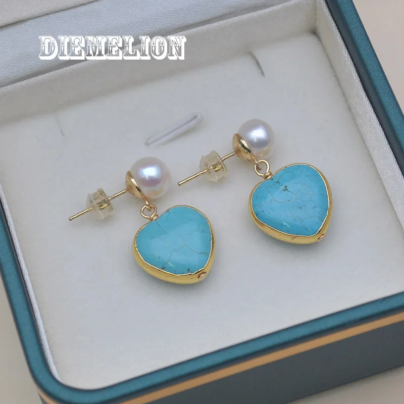 Vintage Natural Freshwater Pearl Earring Heart Shape Turquoise Stud Earrings Pierced and No Pierced for Women Wedding Jewelry