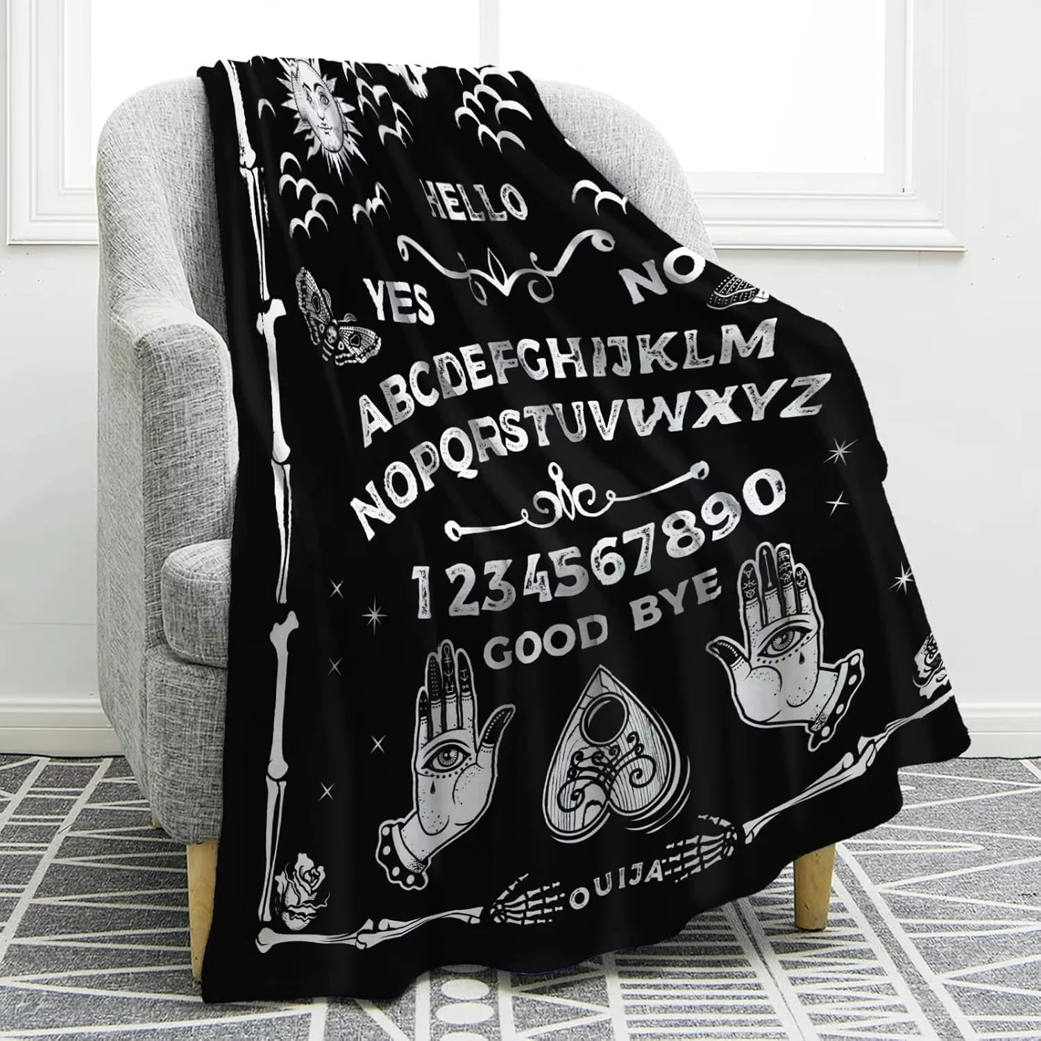 Ouija Board Überwurfdecke – Gothic Witch Sun Moon Skull Decke, Schwarz |   Gruselige Horror-Dekoration für Schlafzimmer & Studentenwohnheim