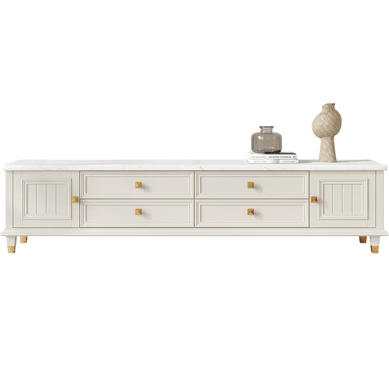 

American style luxury marble TV cabinet, coffee table combination, all solid wood white small apartment, living room, storage