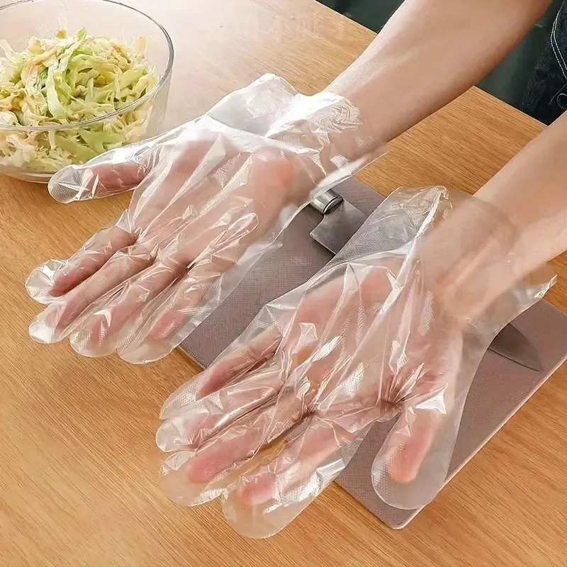 100Pairs Individually Wrapped PE Gloves Disposable Plastic Transparent  PE Gloves Kitchen Cooking Cleaning Outdoor Travel Picnic