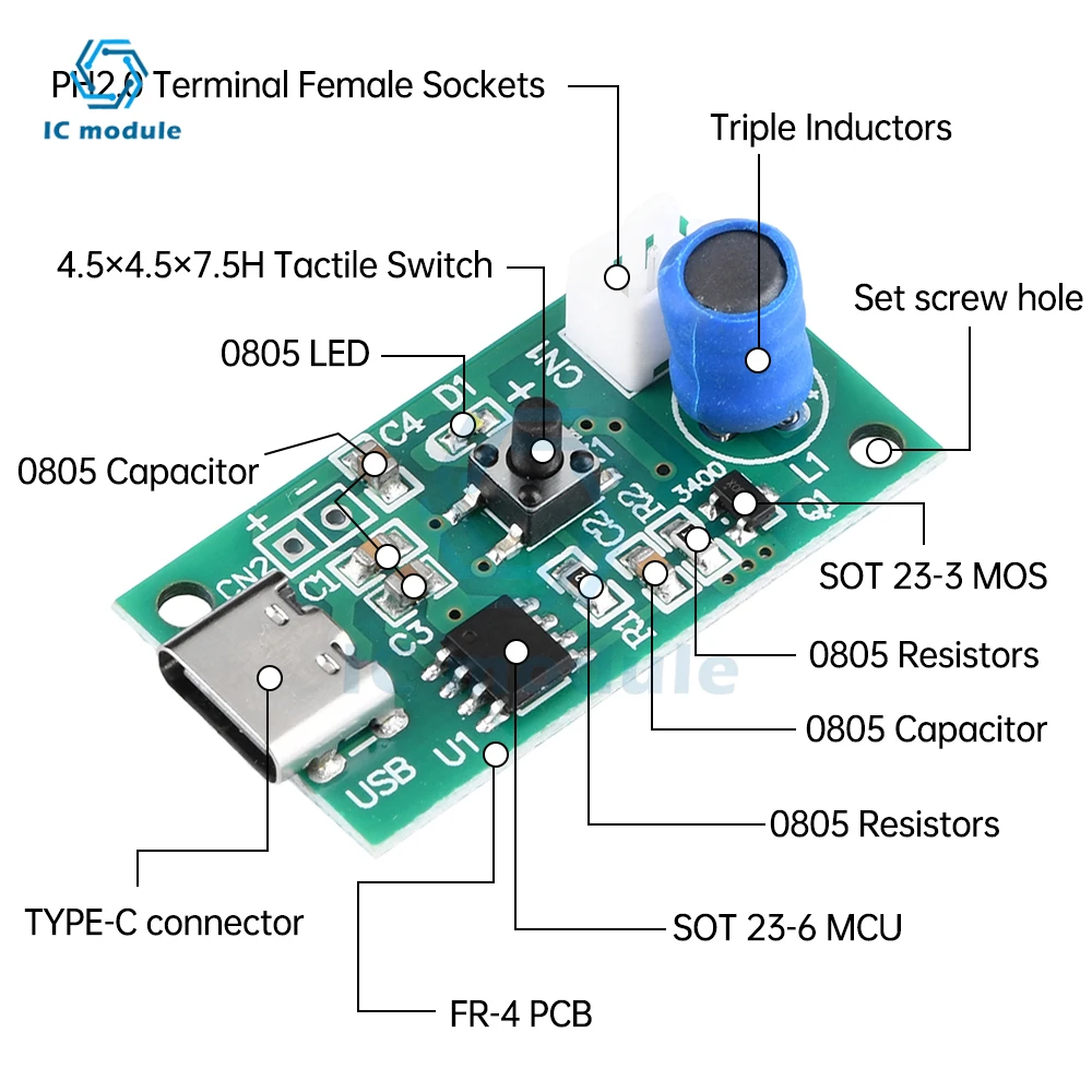 Dc 5V Ultrasone Sproei Luchtbevochtiger Elektronische Verstuivingsmodule Set Universele Bevochtigingsmodule TYPE-C